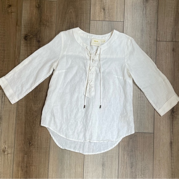 Anthropologie Maeve White Marva Lace up 100% Linen Tunic Top sz 0 | Linen Blouse - Picture 8 of 14